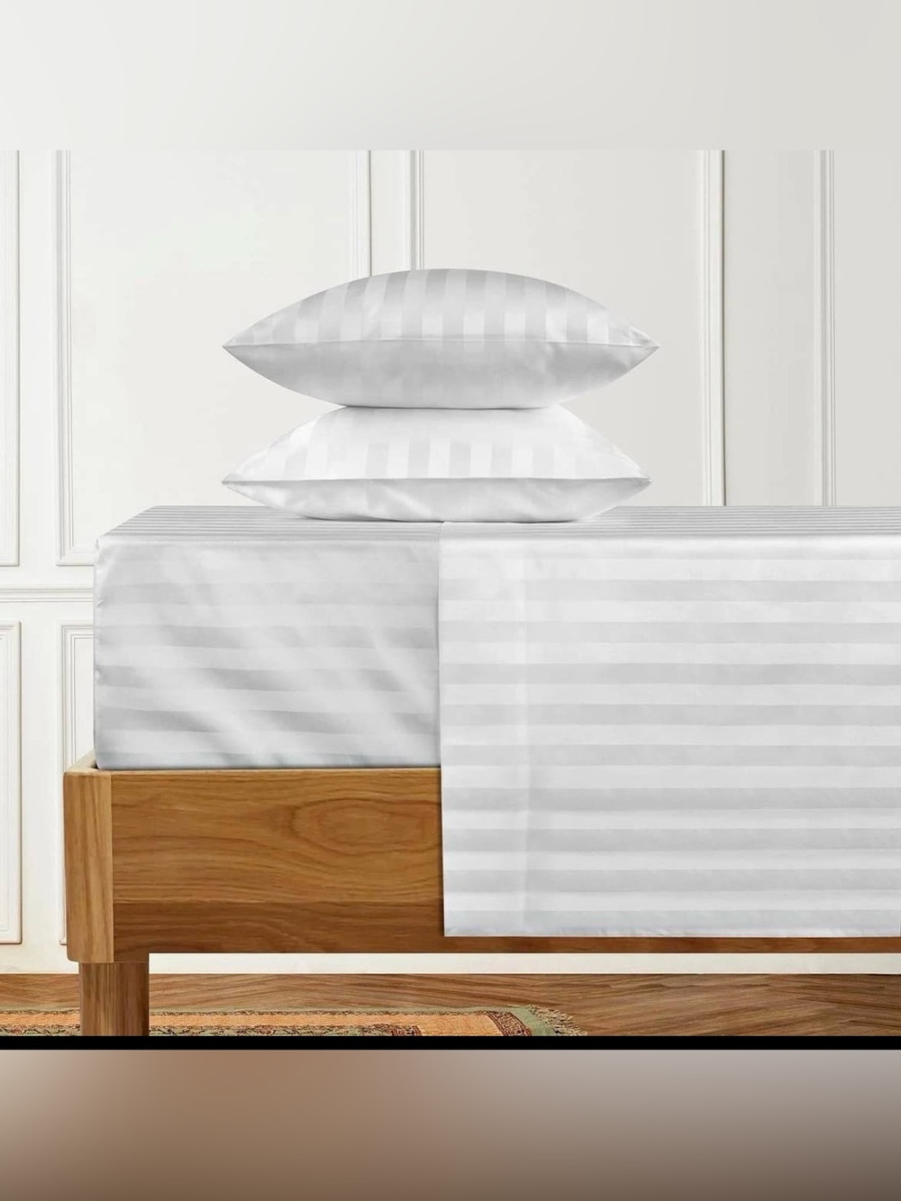 Queen White Sheet Set Damask Stripe 100% Cotton Sateen 4 piece set Oeko Tek